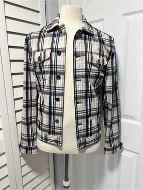 Zara Navy, Tan and Off White Plaid Button-Front Jean Jacket